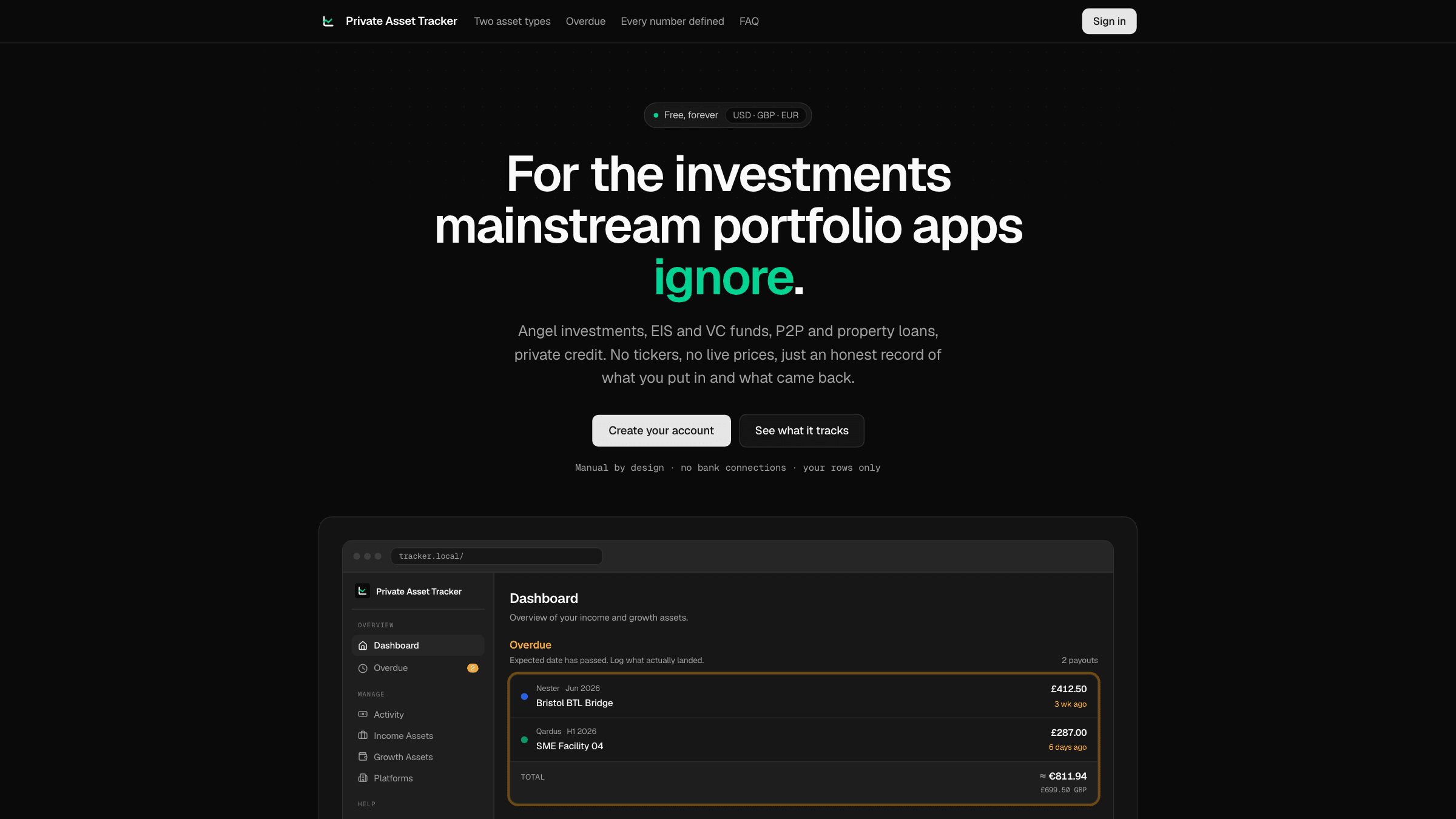 Private Asset Tracker: voorbeeld van de website